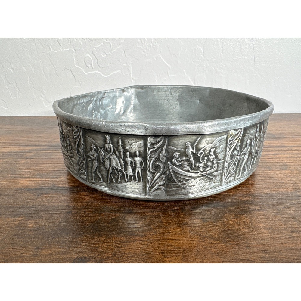 Vintage Embossed Metal Bowl Medieval Relief Scene Pewter Style Silver Tone 8.5in